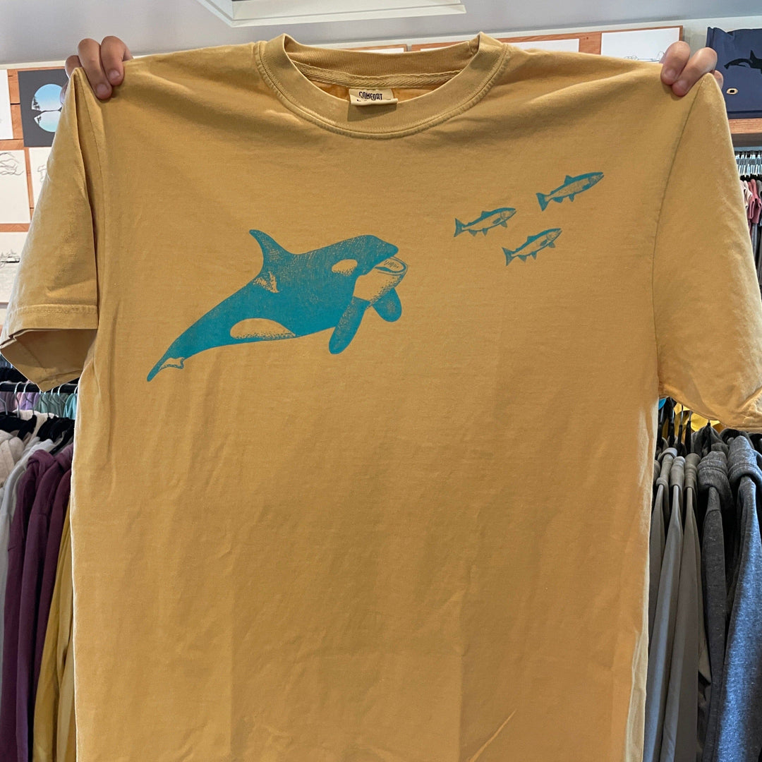 Orca chasing Salmon - Unisex Cotton Garment Dyed T-Shirt (Mustard) Unisex_Printed Comfort Colors Printed 