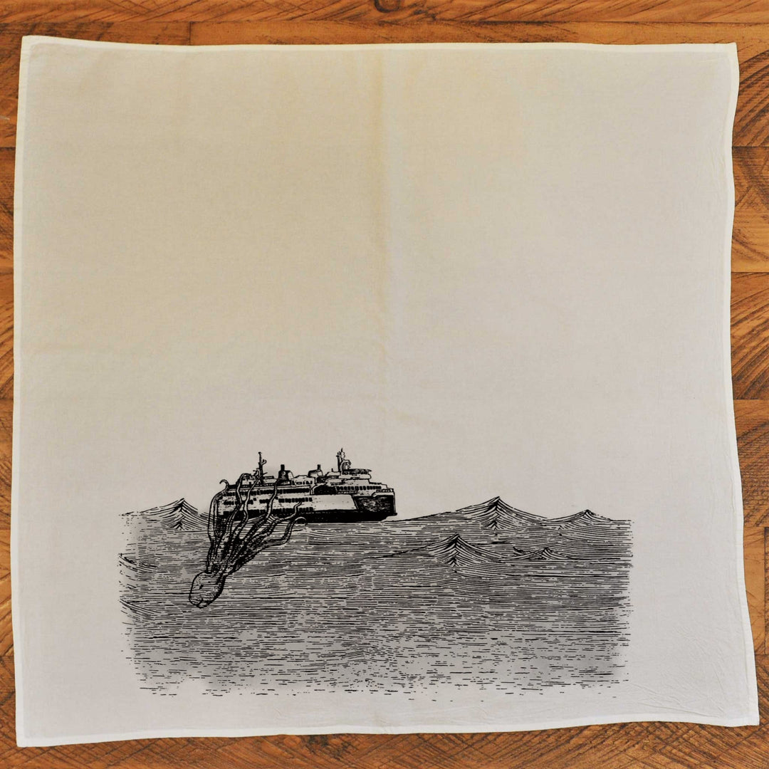 Kraken natural tea towel laid flat