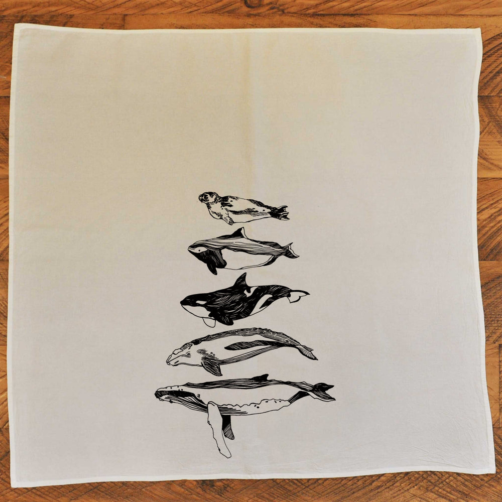 Salish Sea Mammals natural tea towel laid flat
