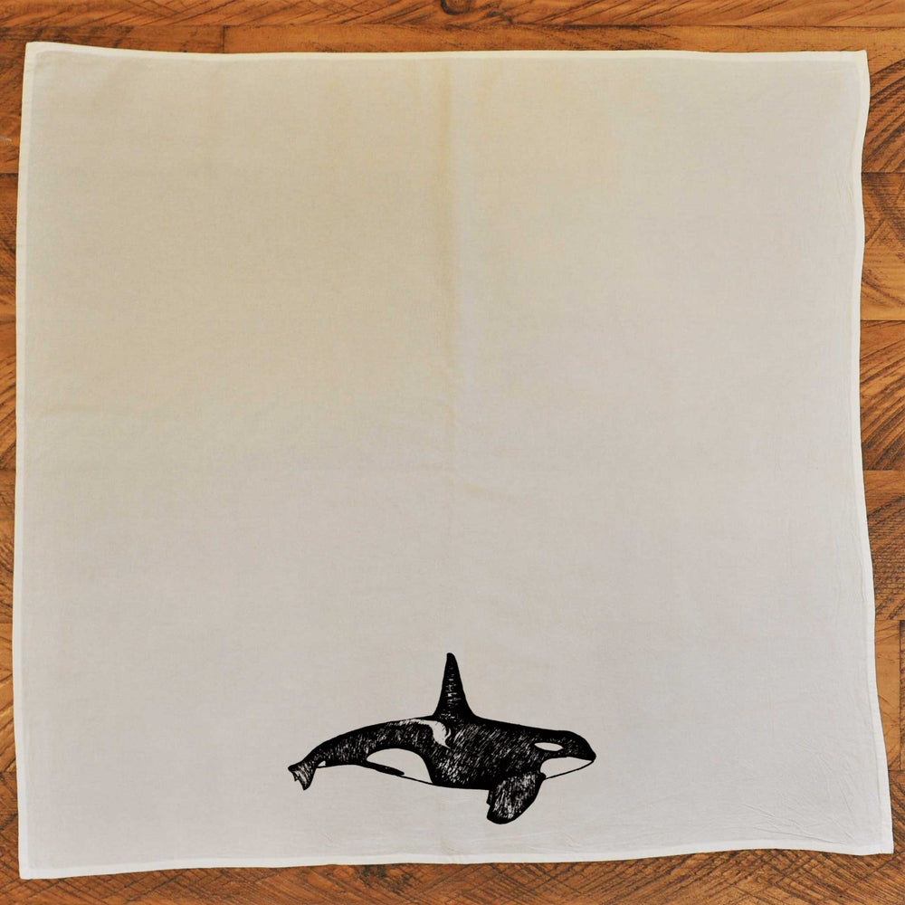Orca Whale natural tea towel laid flat