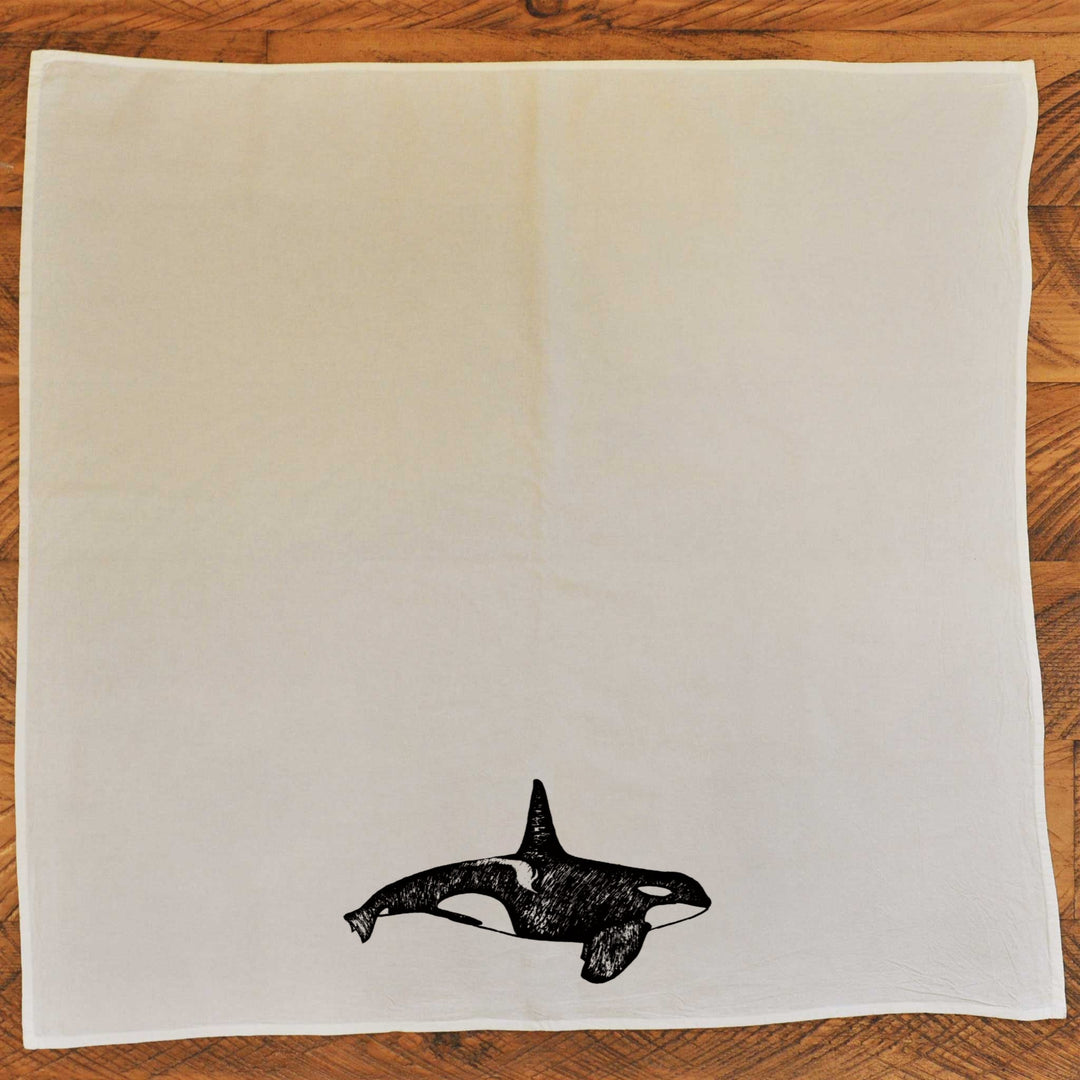 Orca Whale natural tea towel laid flat