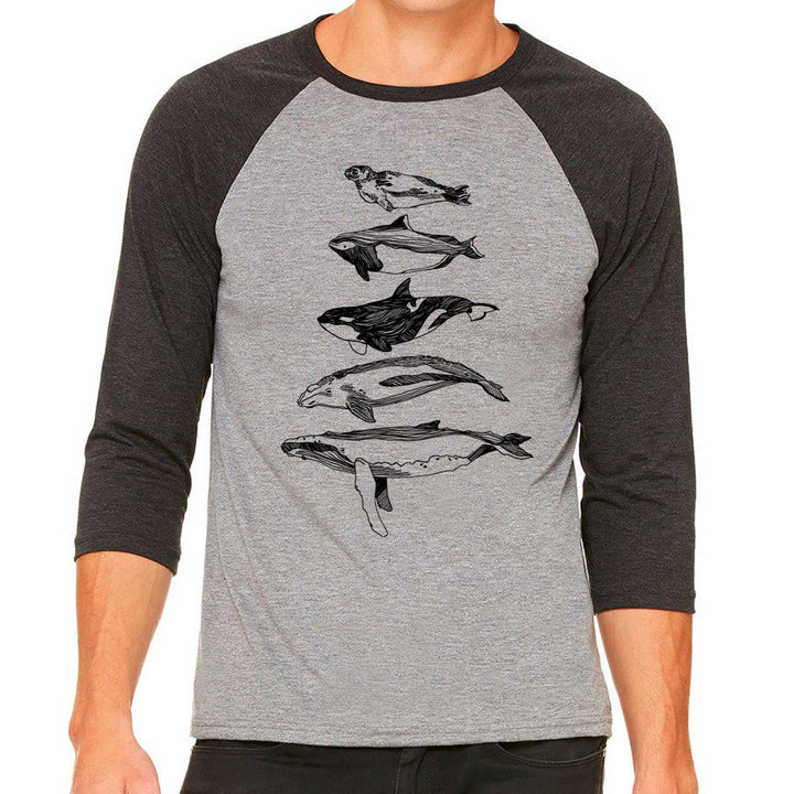 Salish Sea Mammals - Unisex Triblend 3/4-Sleeve Baseball (Grey/Char Black) Unisex_Printed Bella + Canvas 