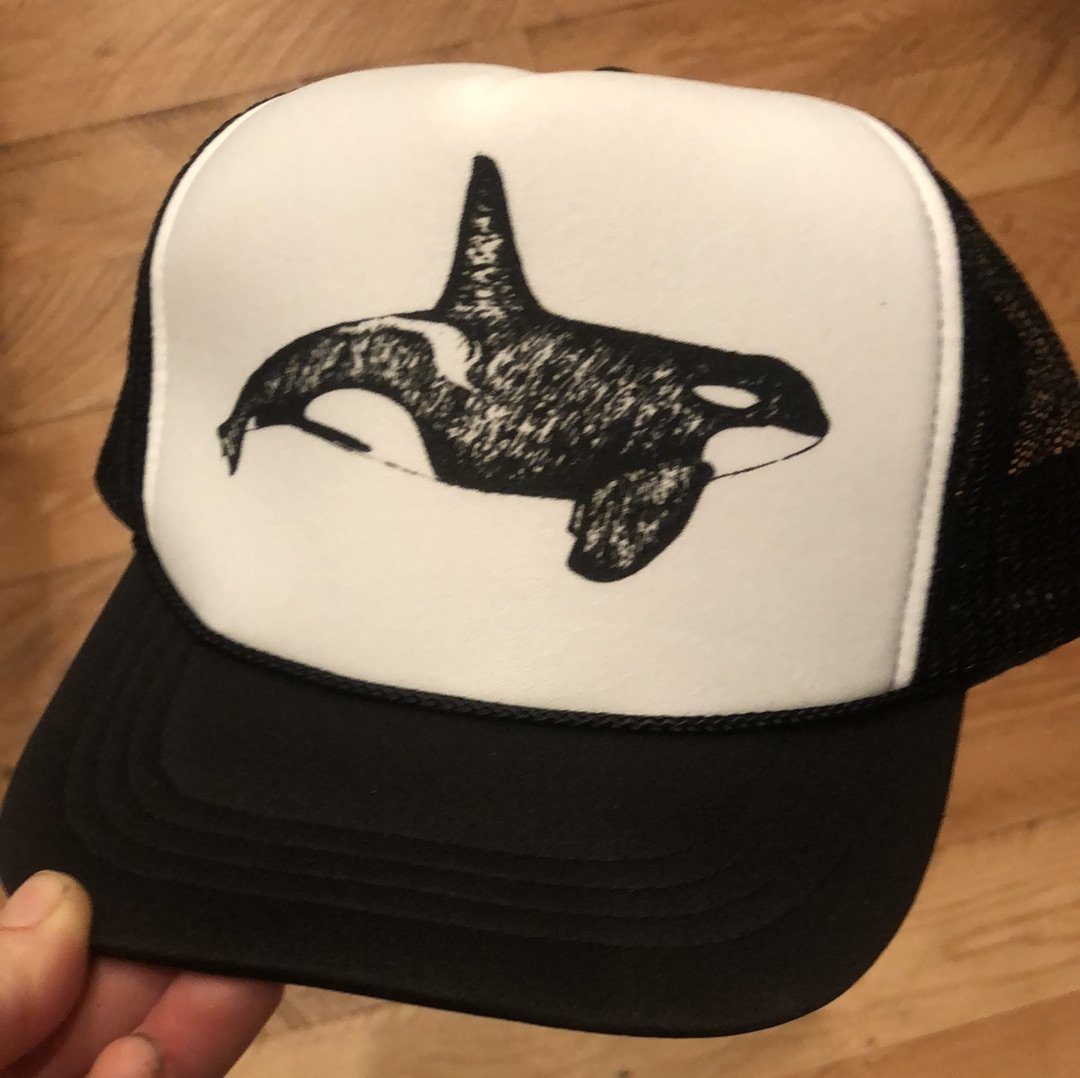 Orca Whale - Youth Trucker Hat (BLK/WHT) Hat Printshop Northwest 