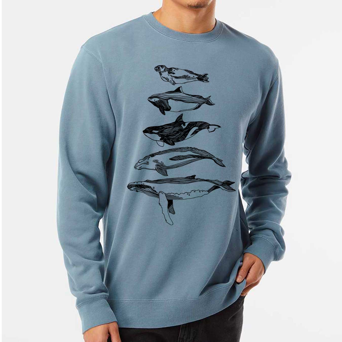 Salish Sea Mammals - Unisex Pigment-Dyed Crew Sweatshirt (Slate Blue) Unisex_Printed Independent Trading Co. 
